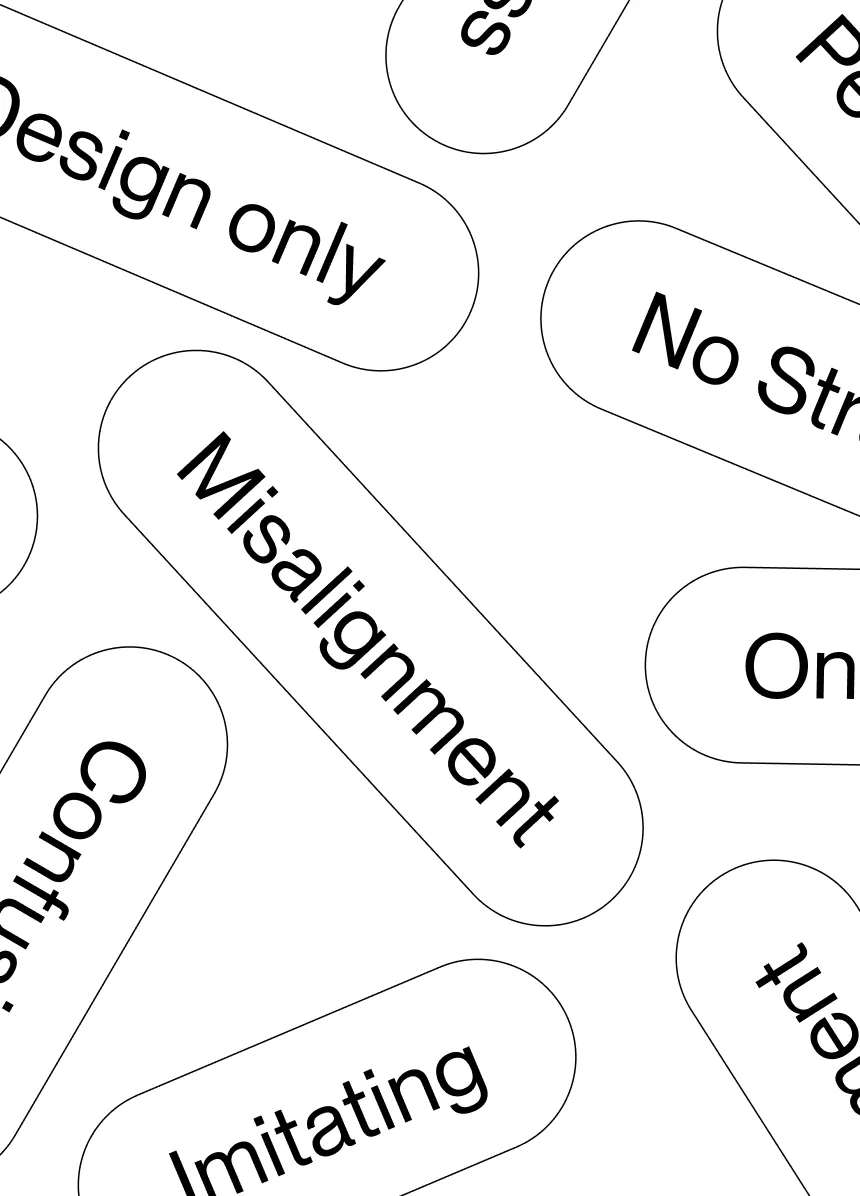 Scattered branding mistakes like “Misalignment,” “No Strategy,” and “Confusion” — visualizing common branding errors startups should avoid.