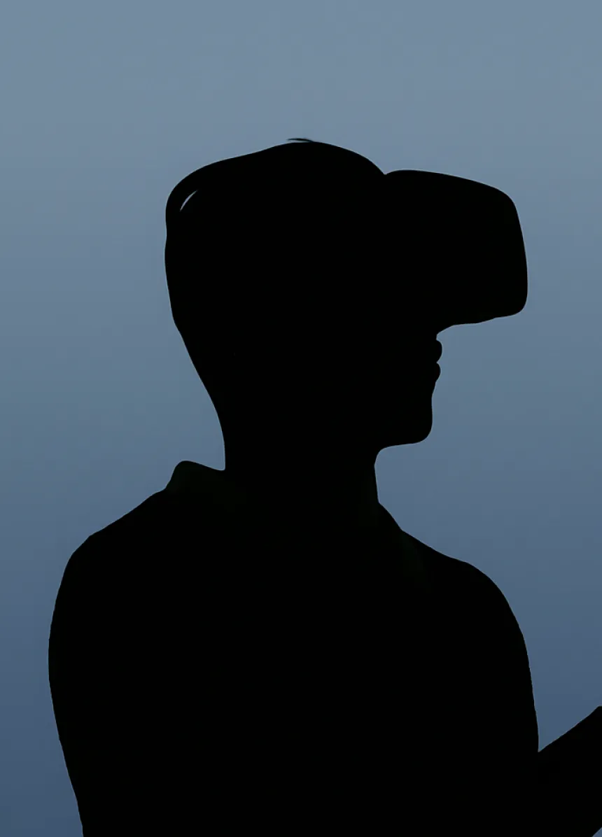 Silhouette of a person wearing a VR headset — symbolizing innovation and identity-building in startup branding.