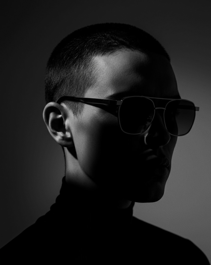 Stylized black-and-white portrait of a confident individual in sunglasses and a turtleneck, symbolizing clarity and bold identity—core elements in developing effective brand positioning strategies.
