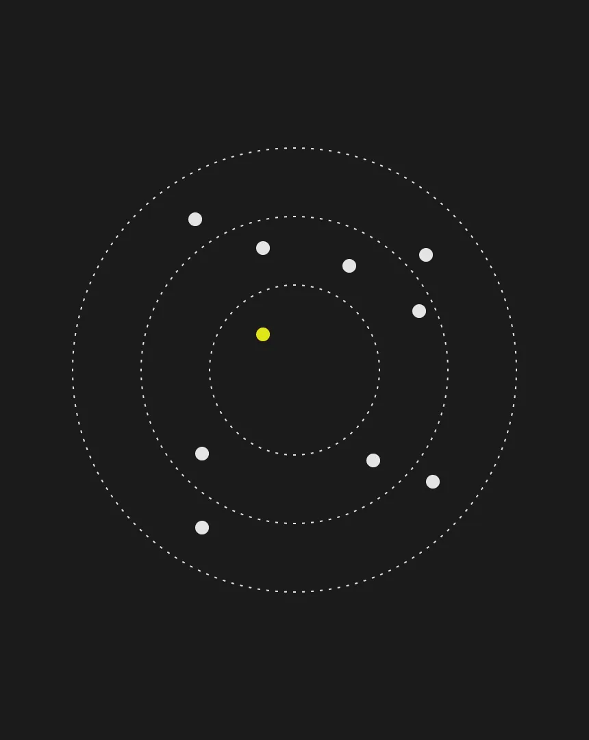 Minimalist diagram of concentric dotted circles with a central yellow dot and white orbiting points, representing the process of evaluating core brand elements and their alignment—central to conducting a brand audit.