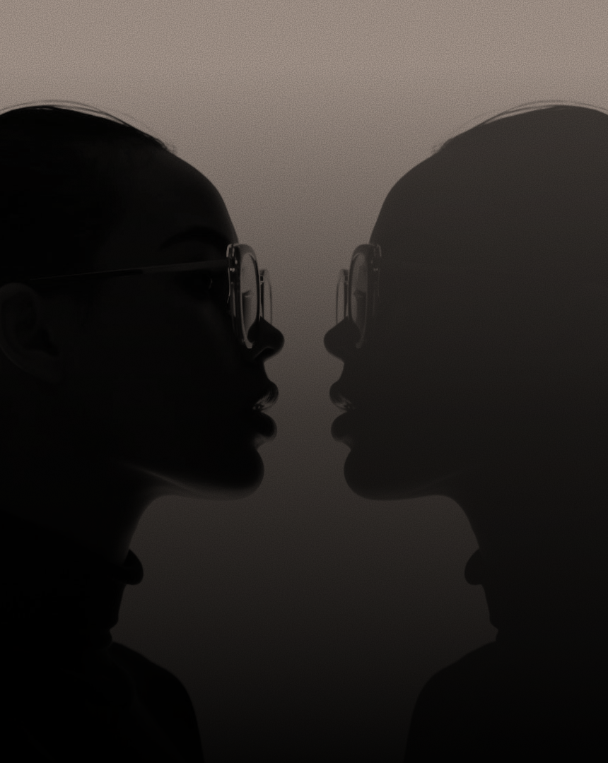 Silhouetted profile of a woman facing her own reflection, symbolizing the distinction and relationship between brand strategy (identity) and marketing strategy (expression).