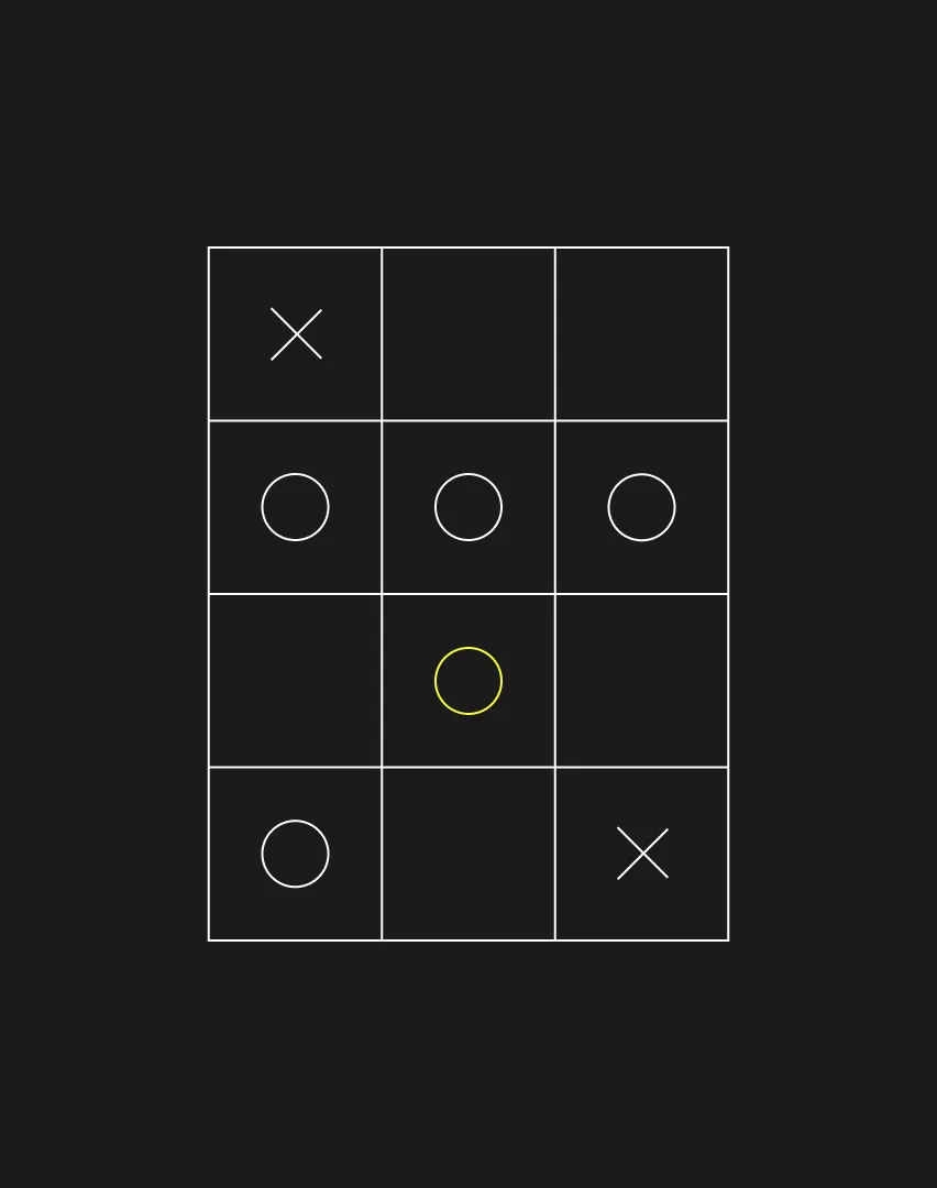 Minimalist illustration of a tic-tac-toe board with one yellow circle among white marks, symbolizing strategic differentiation and thoughtful planning—core elements of a successful rebranding strategy.