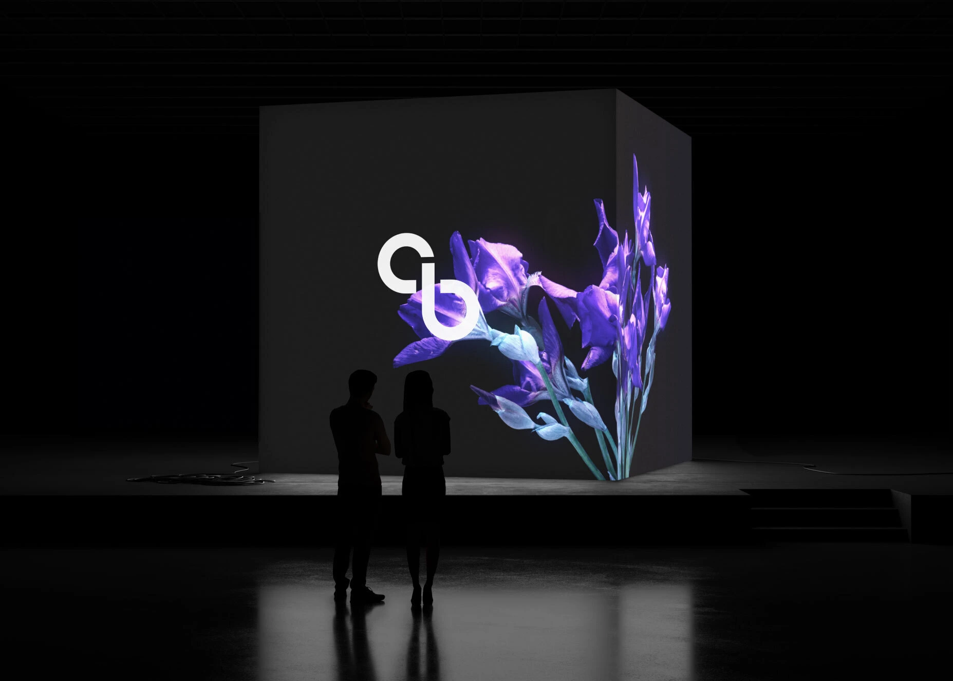 Silhouetted figures viewing a digital brand installation of a cube with a modern logo and glowing purple flowers, representing intelligent era branding, digital innovation, and immersive brand experiences.