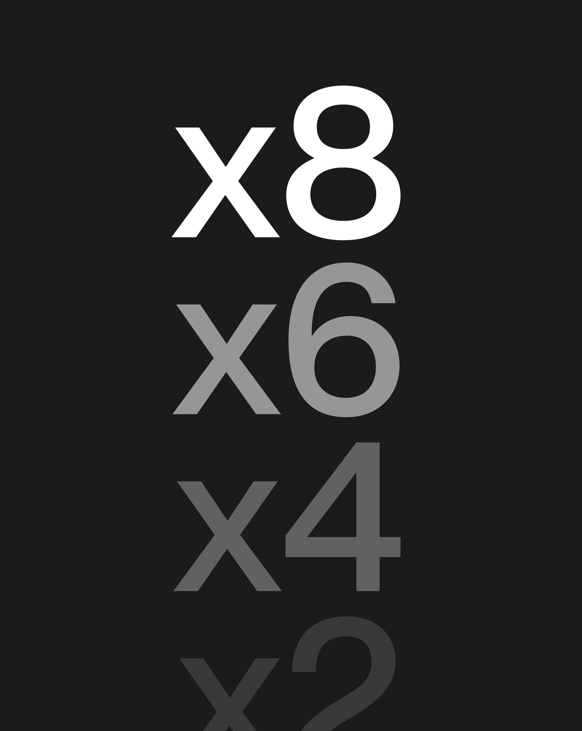 Text showing “x8, x6, x4” in descending shades, symbolizing how stronger brands achieve higher valuation multiples.
