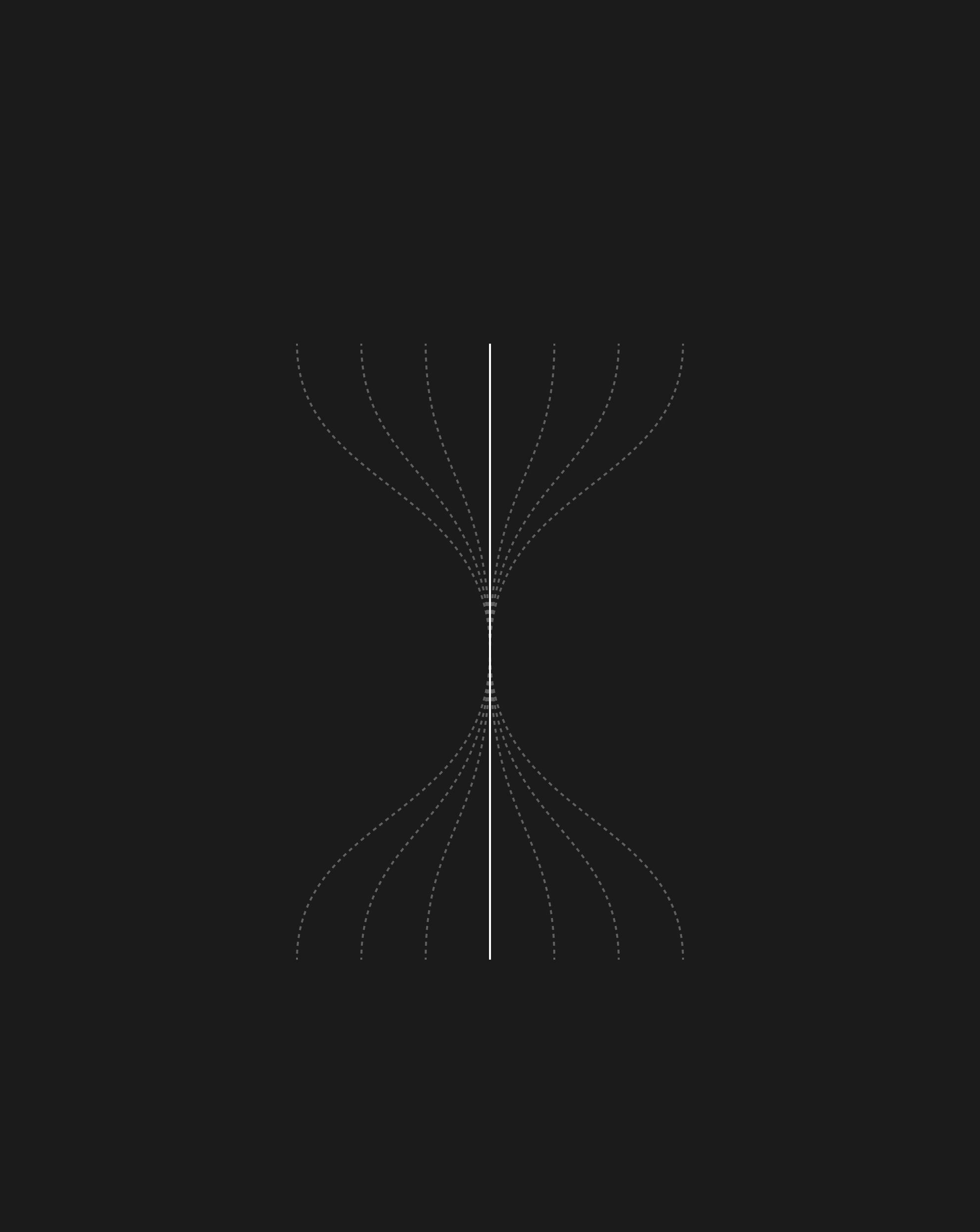 Symmetrical dotted lines converging and expanding from a central axis, symbolizing alignment between brand and product strategy for market growth.