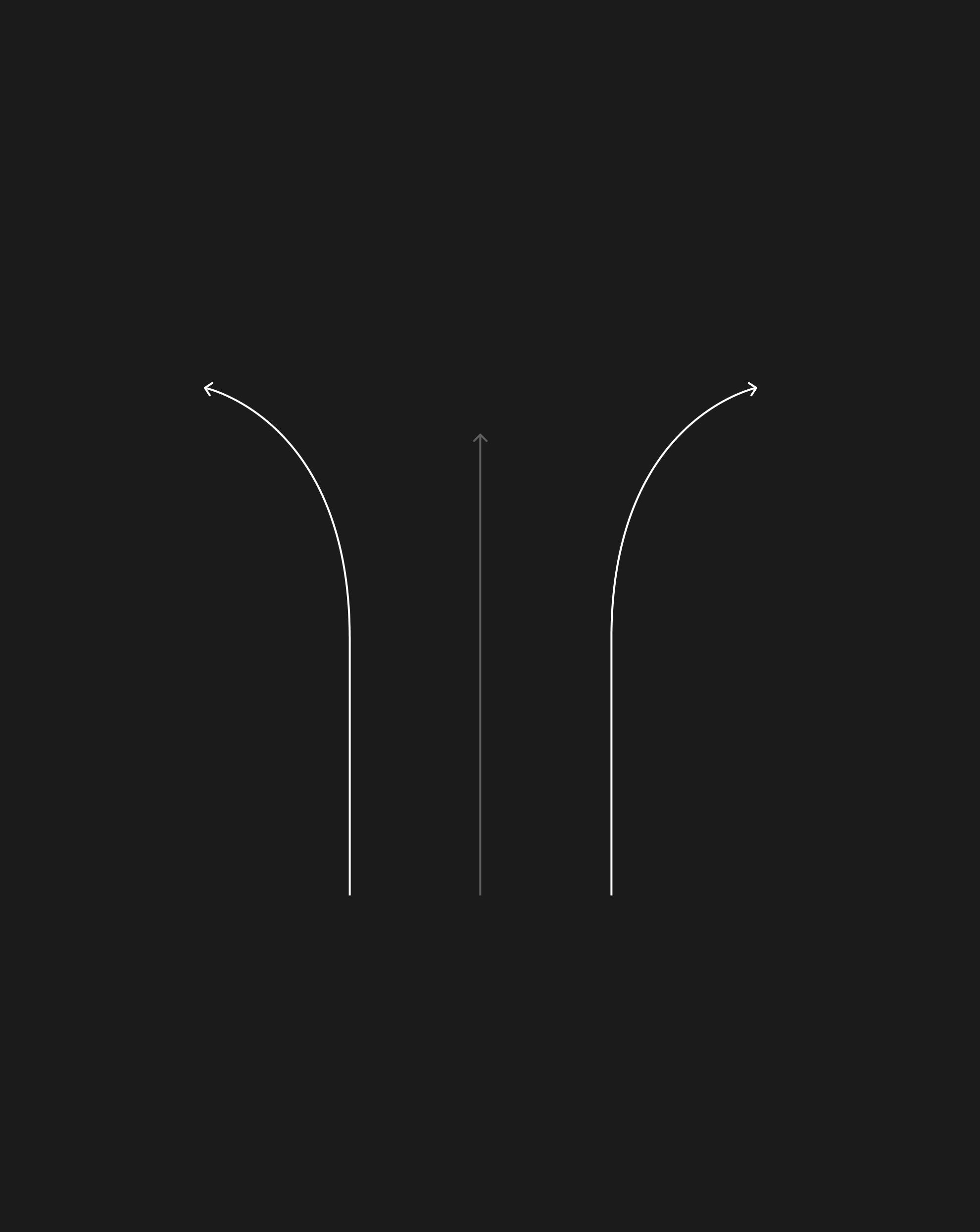 Three minimalist white arrows on a black background—two curving outward and one rising vertically—symbolizing diverging paths and the risks of neglecting brand management.